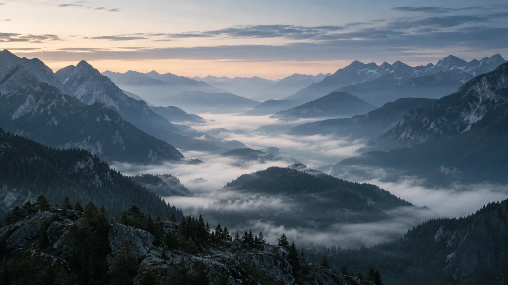 Layered mountain ridges opening into a broad valley